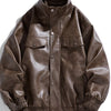 Men's Plus Size Leather Bomber Jacket - Coffee