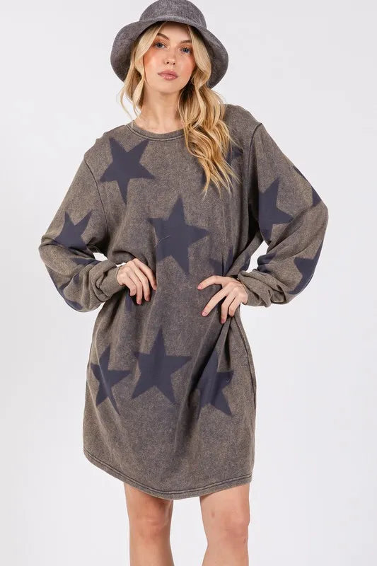 SAGE + FIG Washed Star Print Round Neck Dress - Farnelli