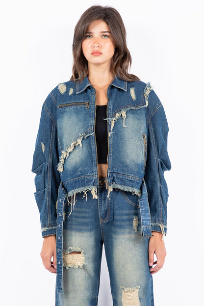 American Bazi Full Size Distressed Frayed Edge Zip Up Denim Jacket Plus Size - Farnelli