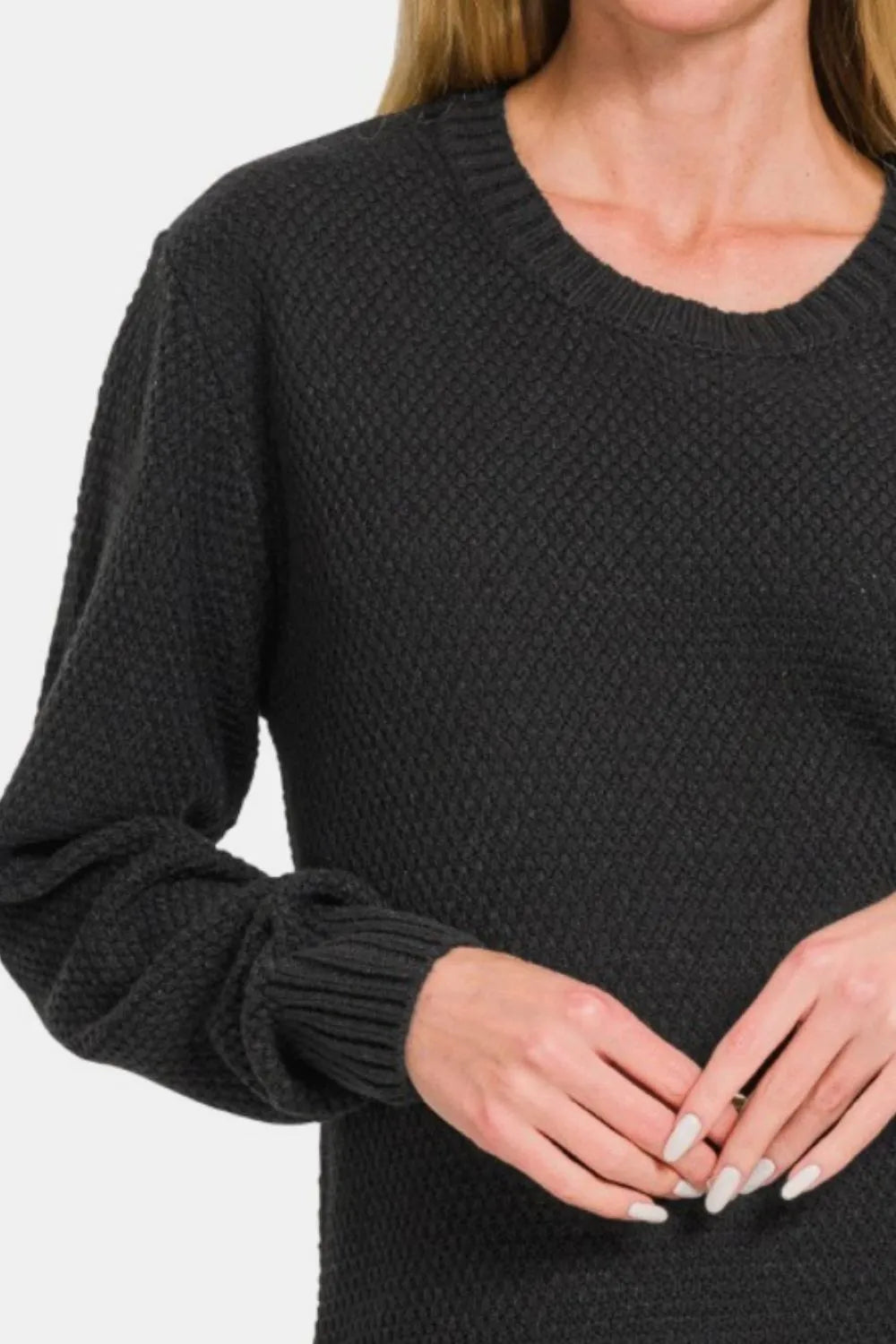 Zenana Full Size Round Neck Long Sleeve Curved Hem Sweater - Farnelli