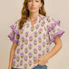 Umgee Floral Print Ruffle Short Sleeve Blouse - Pink Purple