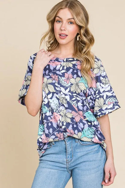 BOMBOM Floral Round Neck Short Sleeve T-Shirt - Farnelli