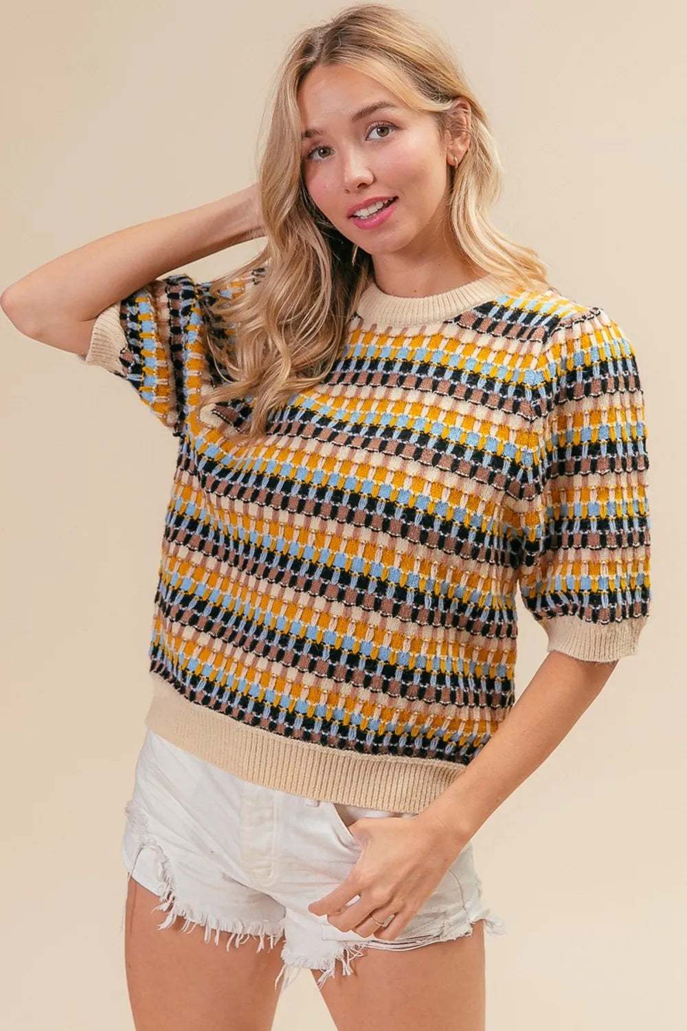 BiBi Multi Color Half Sleeve Sweater - Farnelli