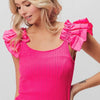 BiBi Ruffled Shoulder Strap Rib Texture Top - Fuchsia