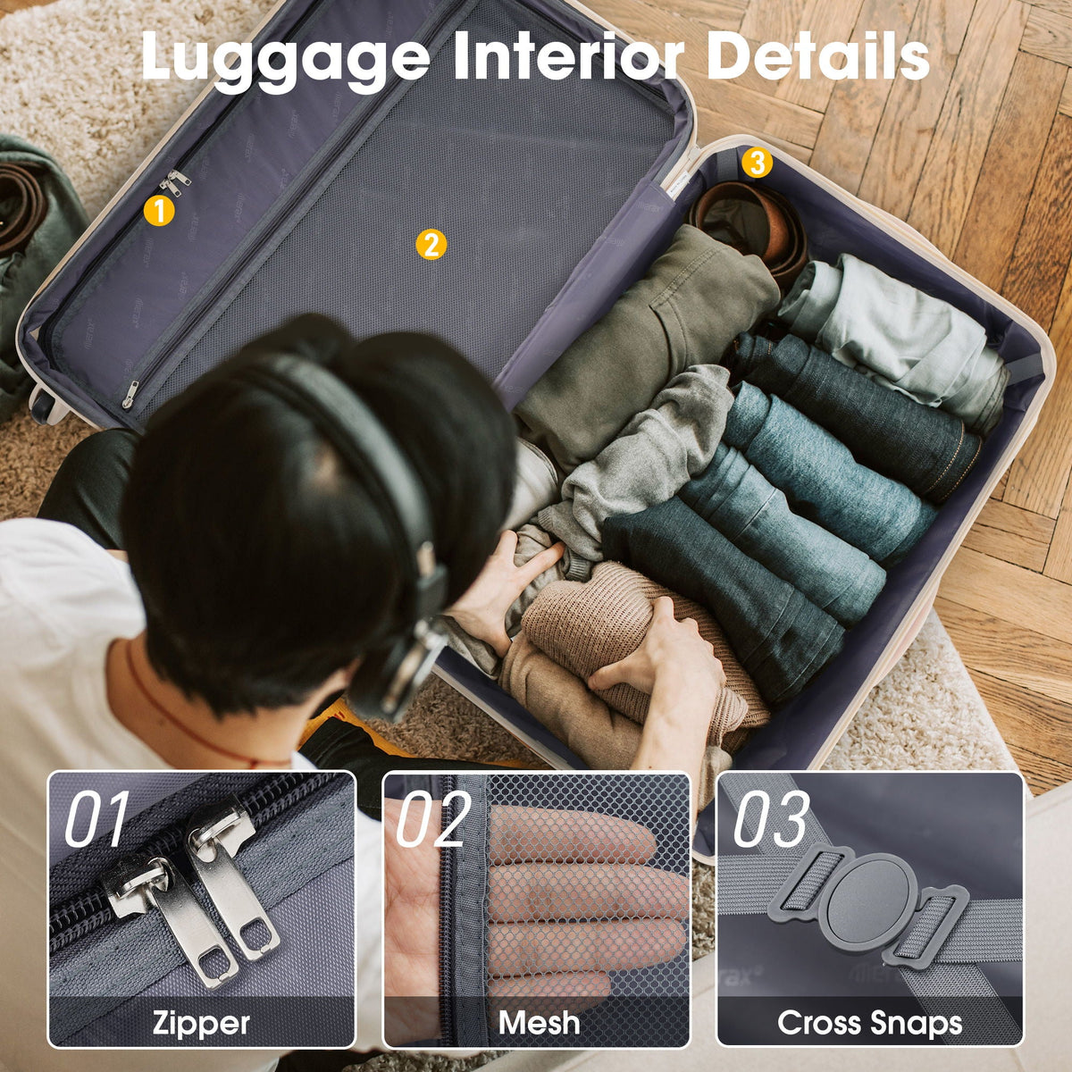 HouseOfZazla 3-piece light pink hardside luggage set with TSA locks and matching suitcases