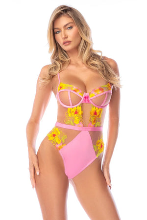 Lavinia Mapale Solar Blossom sheer mesh floral bodysuit with delicate floral patterns and fitted design, front view.