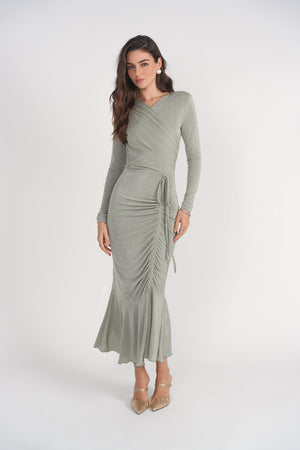 Seafoam Valerie midi dress by Adina Las Vegas, flowing fabric with a stylish neckline, perfect for summer or casual occasions.