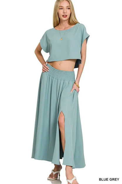 Zenana Heavy Woven Span Crop Tee & Skirt Set - Farnelli