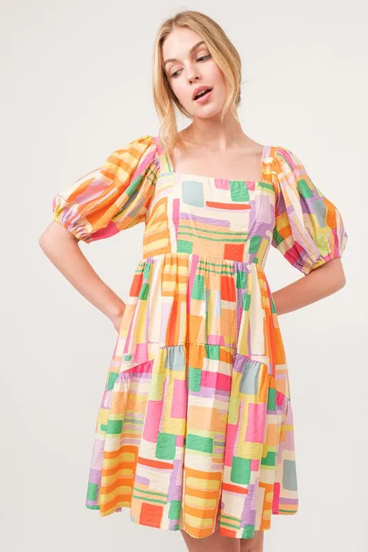 And The Why Square Neck Puff Sleeve Geo Printed Mini Dress - Farnelli