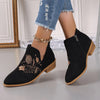 Embroidered Suede Point Toe Block Heel Boots - Black