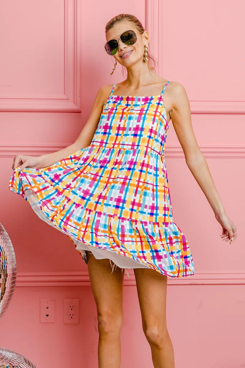BiBi Multi Colors Plaid Sleeveless Sun Dress - Farnelli