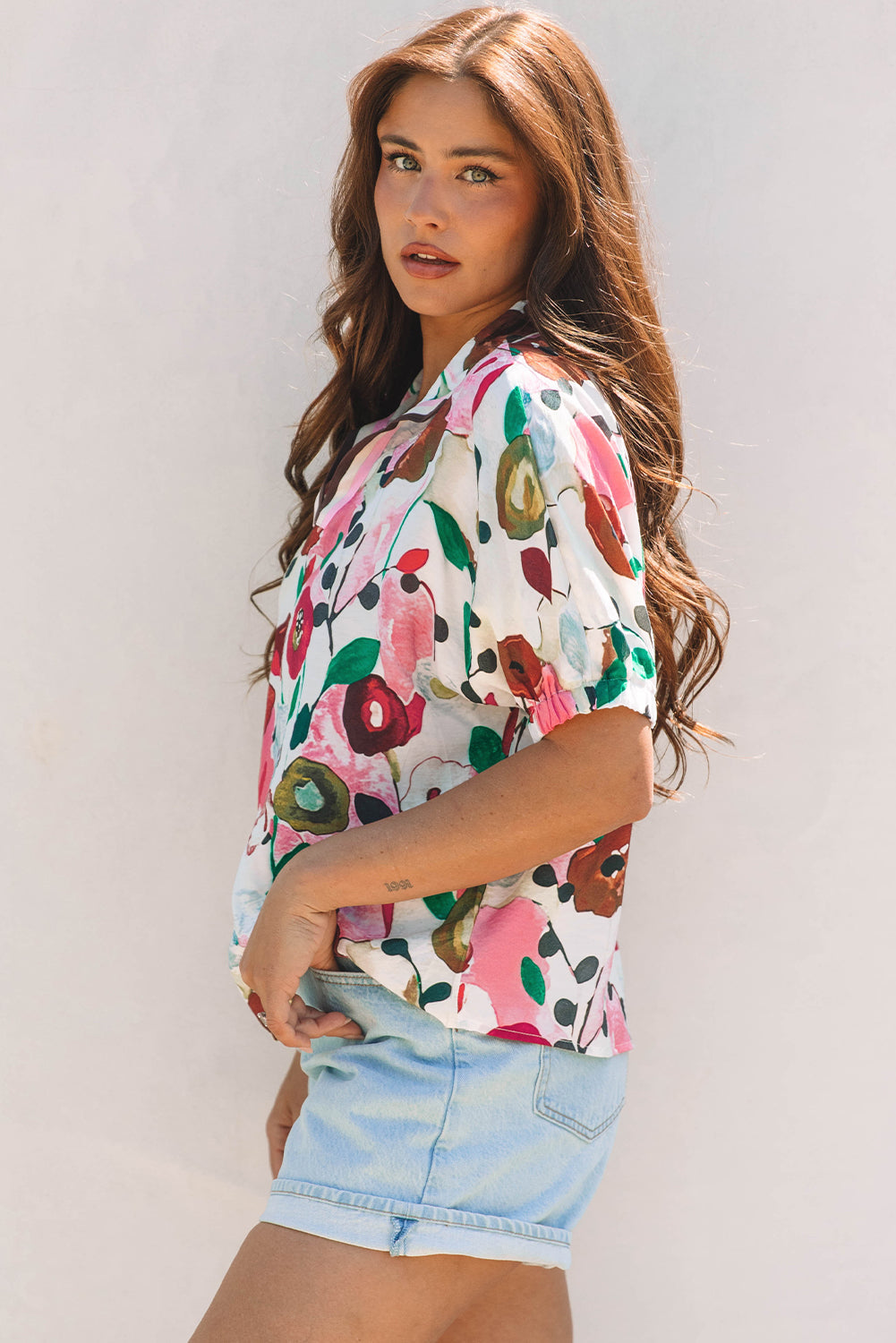 Adele Floral Slit V Neck Blouse - Farnelli