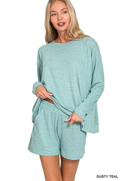 Zenana Soft Melange Long Sleeve Tee and Shorts Set - Farnelli