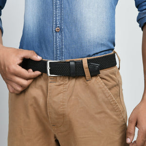 Black braided canvas belt from Classy Leather Bags, featuring a stylish leather strap and metal buckle for a casual look.