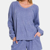 Zenana V-Neck Long Sleeve Ribbed Top and Shorts Set - Blue Purple