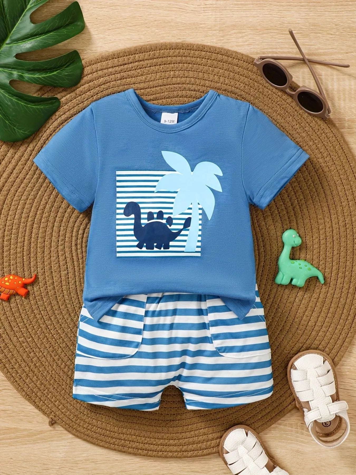 Children's Dinosaur Print Tee & Striped Shorts Set - Farnelli