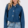 bytos Button Down Cropped Denim Jacket with Patch Pockets - Peacock  Blue