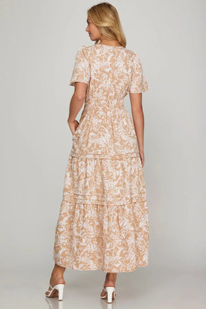 She + Sky Printed Notched Woven Tiered Pintuck Maxi Dress with Side Pockets - Farnelli