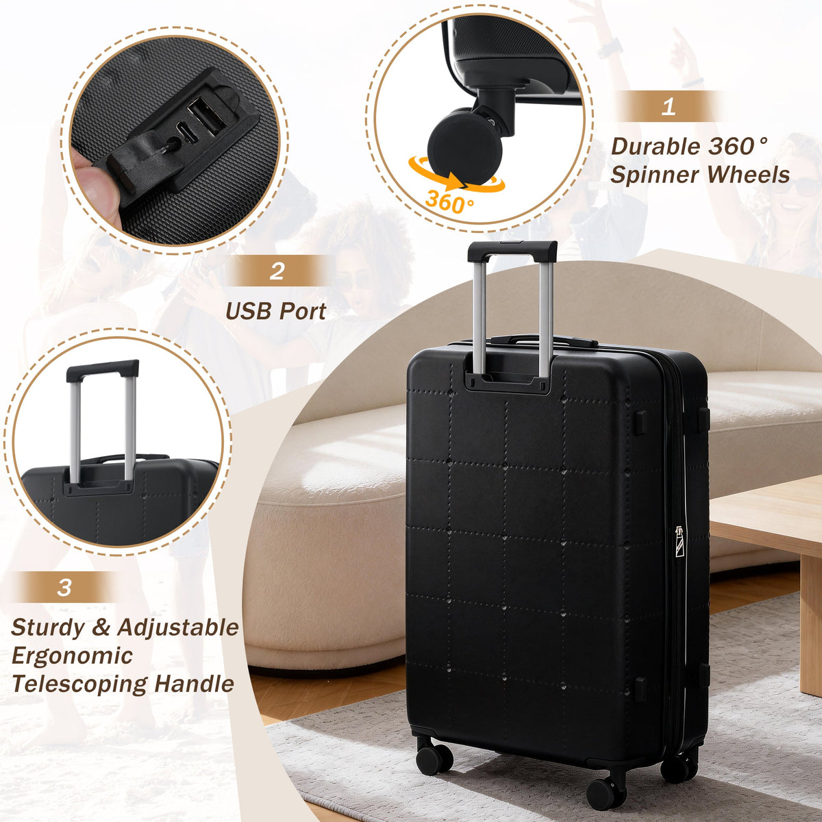 HouseOfZazla black 5-piece hardside luggage set with USB port and TSA lock