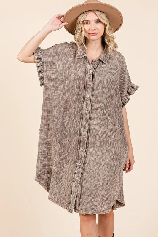 Mittoshop Mineral Wash Cotton Gauze Mini Shirt Dress - Farnelli