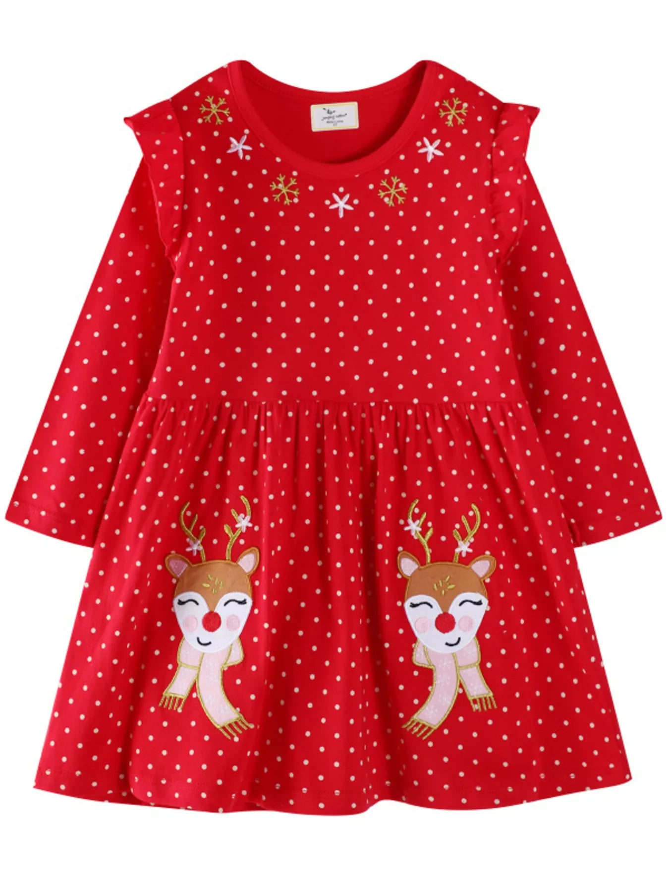 Children's Christmas Reindeer Polka Dot Long Sleeve Dress - Farnelli