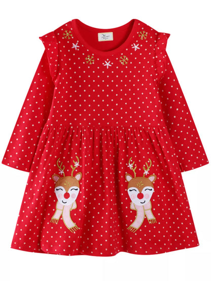 Children's Christmas Reindeer Polka Dot Long Sleeve Dress - Farnelli