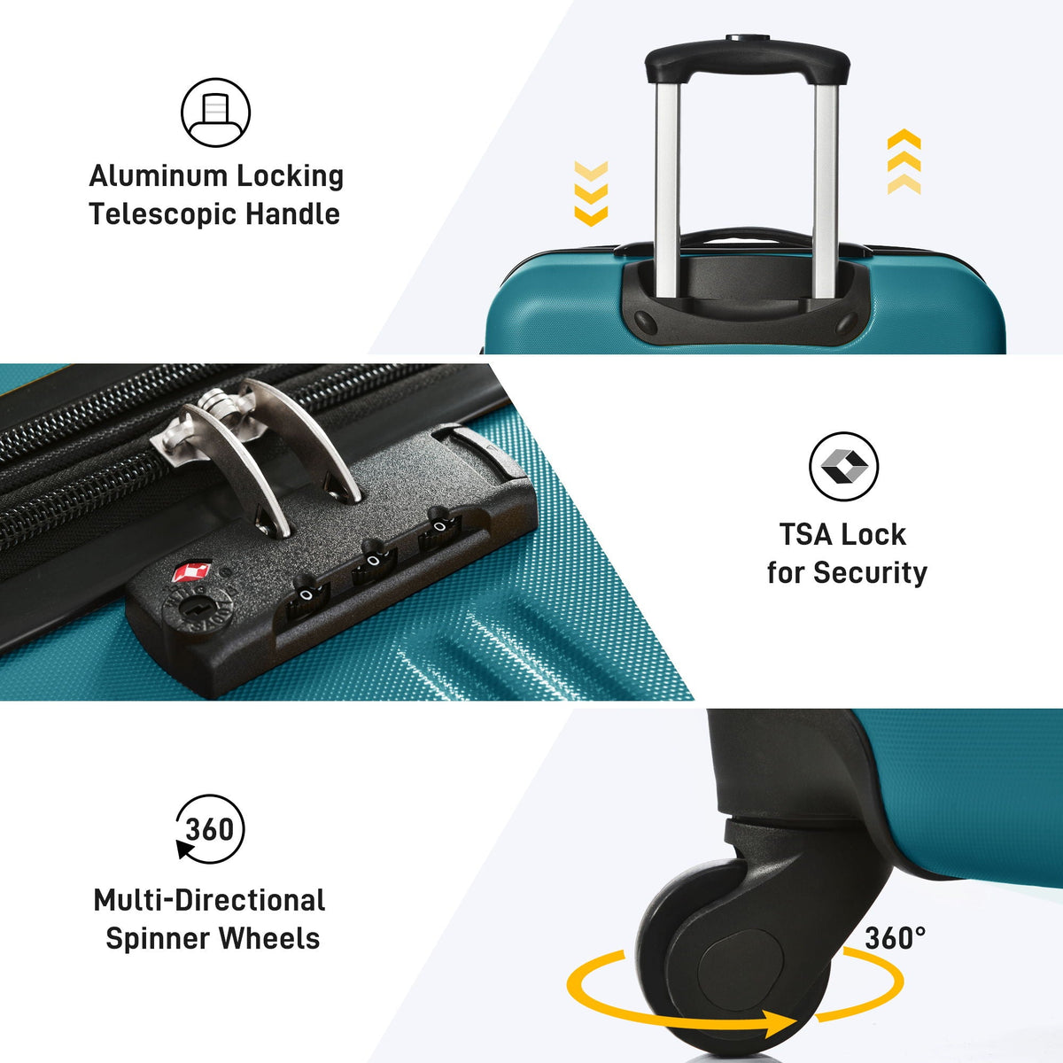 HouseOfZazla 4-piece hardshell luggage set with TSA lock and spinner wheels in multiple colors