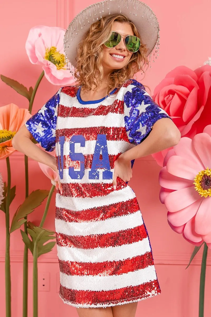 BiBi American Flag Theme Usa Print Sequin Dress - Farnelli