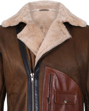Men’s Brown Crossover B3 Sheepskin Aviator Flying Leather Biker Jacket
