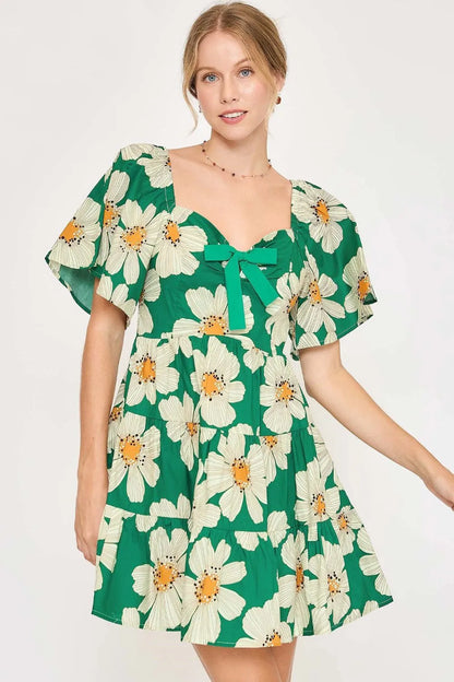 Umgee Full Size Daisy Print Mini Dress with Ribbon Details Plus Size - Farnelli