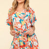 Haptics Tropical Floral Short Sleeve Tied Romper - Coral/Teal/Light Blue