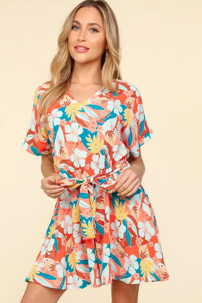 Haptics Tropical Floral Short Sleeve Tied Romper - Farnelli