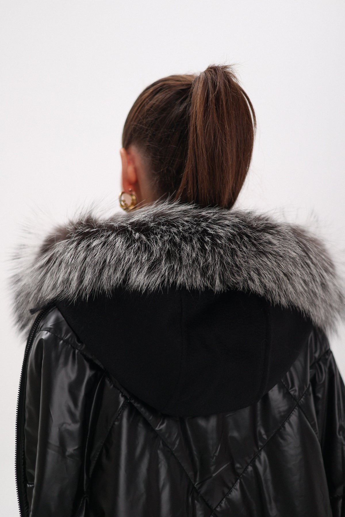Alaska Outerwear Company black Saga Furs silver fox wool cashmere poncho vest coat