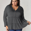 Double Take Half Button Long Sleeve Ruffle Hem Blouse - Dark Gray