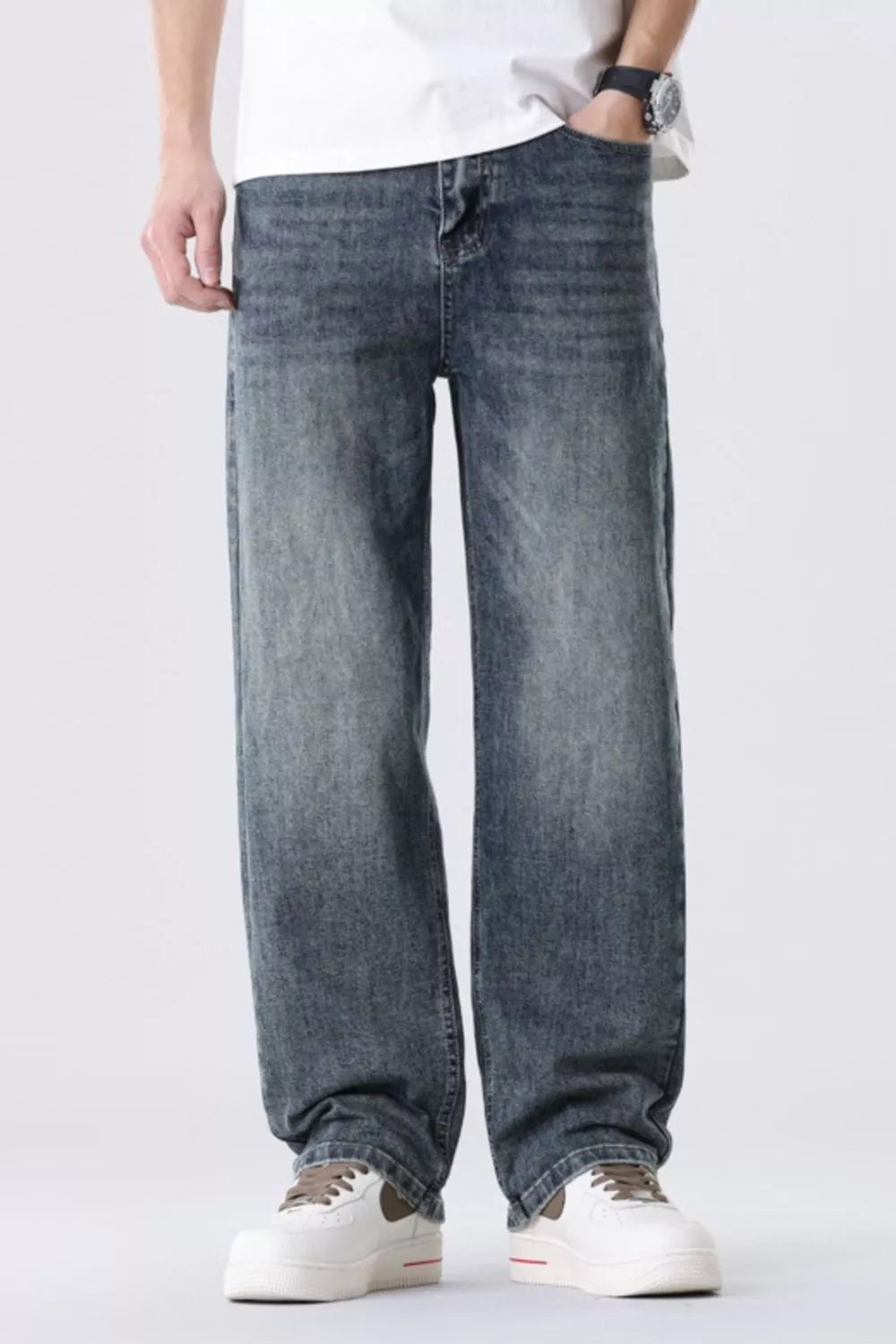 Men's Full Size Vintage Wash Relaxed Fit Straight Jeans Plus Size - Farnelli