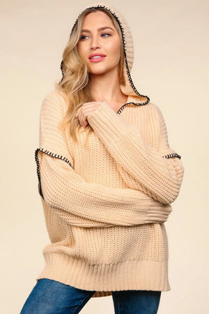 Haptics Contrast Stitching Long Sleeve Hooded Sweater - Farnelli