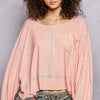 POL Round Neck Long Sleeve Exposed Seam Top with Chest Pocket - BLUSH PINK