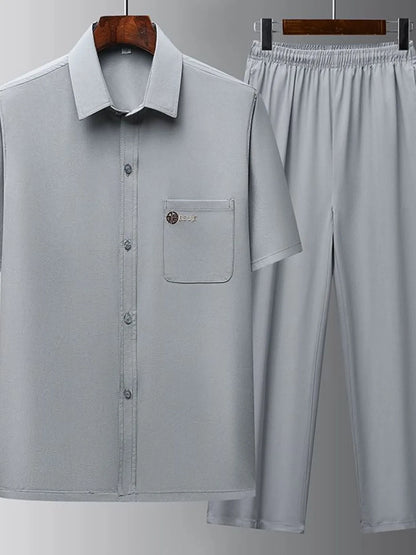 Men's Full Size Button Up Short Sleeve Top and Pants Set Plus Size - Farnelli
