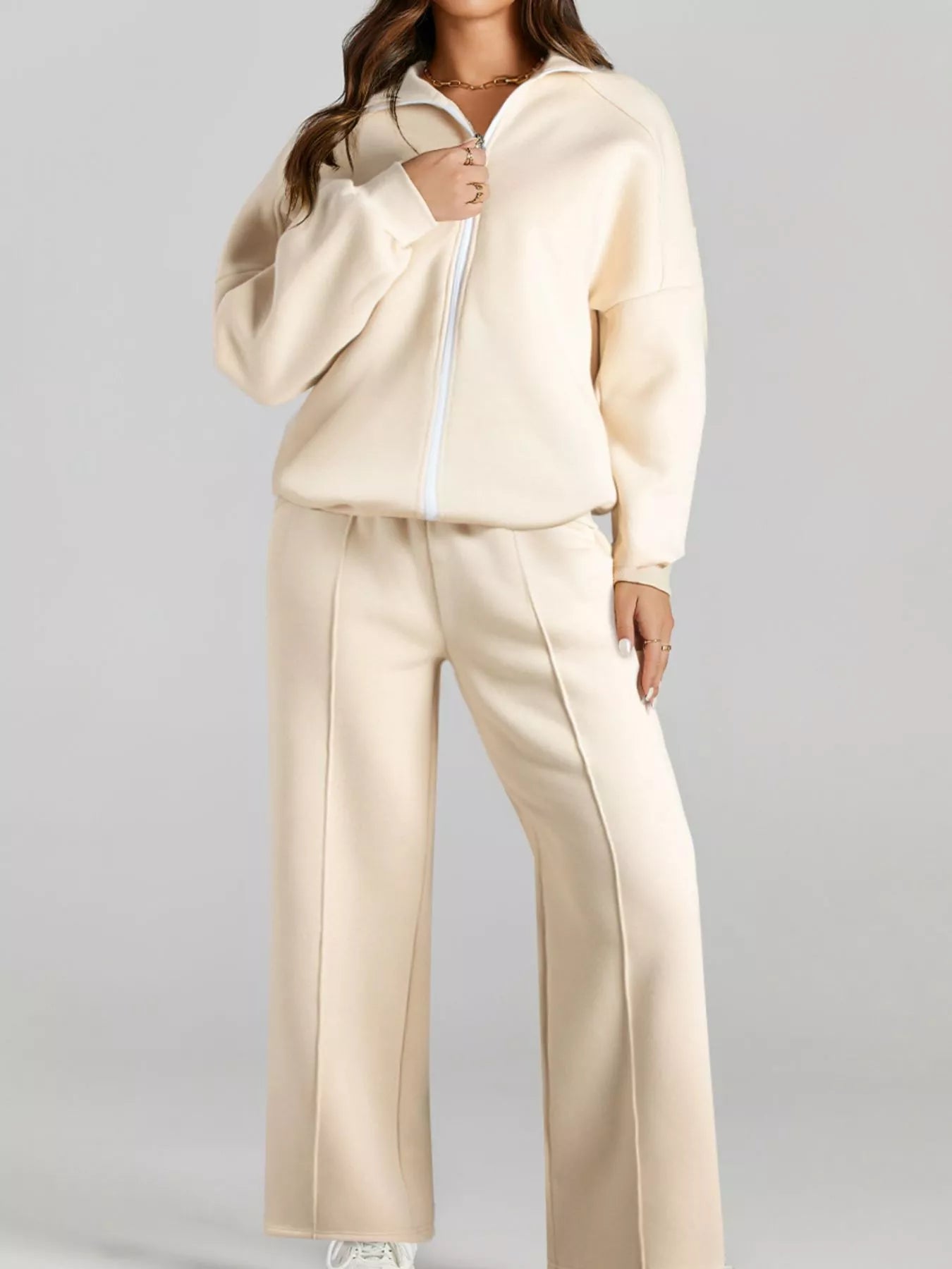 Drop Shoulder Zip Up Jacket and Drawstring Pants Active 2pcs Set - Farnelli