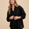 Annie Wear Openwork Button Down Drop Shoulder Shirt - Black