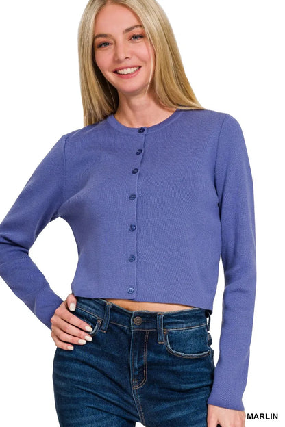 Zenana Button-Front Crewneck Long Sleeve Cropped Cardigan - Farnelli