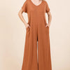 BOMBOM Ribbed Short Sleeve Wide Leg Jumpsuit - Camel