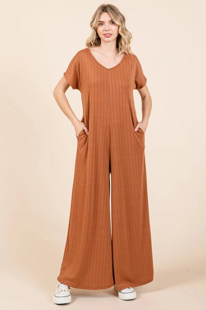 BOMBOM Ribbed Short Sleeve Wide Leg Jumpsuit - Farnelli