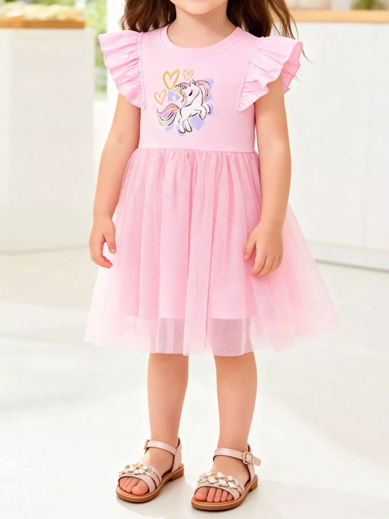 Children's Unicorn Graphic Ruffle Sleeve Tulle Dress - Farnelli