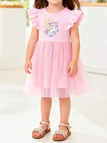 Children's Unicorn Graphic Ruffle Sleeve Tulle Dress - Farnelli