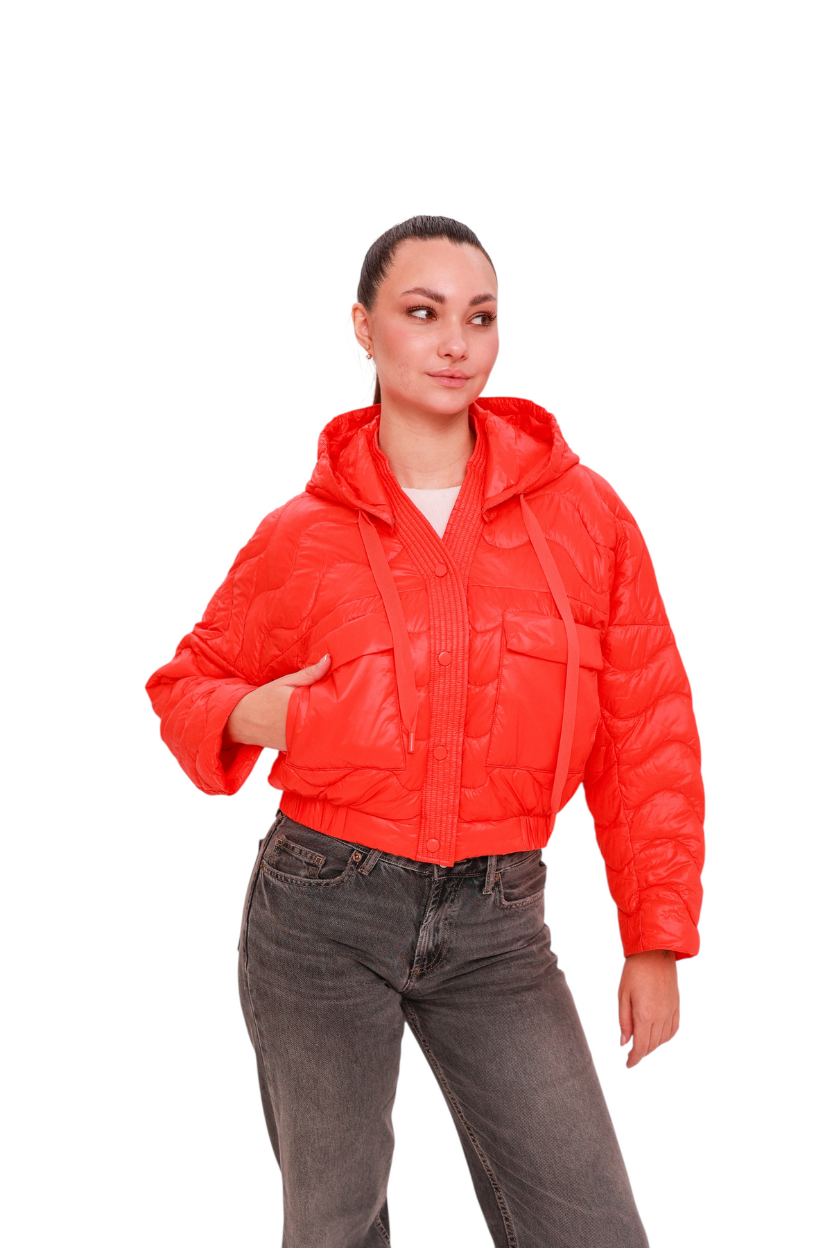 Alaska Outerwear Company Lexi cropped coral jacket with a modern silhouette