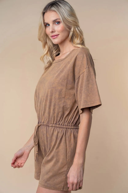 White Birch Full Size Short Sleeve Drawstring Romper - Farnelli