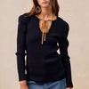 BiBi Ribbed Contrast Front Tied Top with Shrried - BLACK/CAMEL