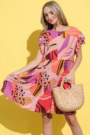 And The Why Printed Double Ruffles Sleeve Dress - Farnelli