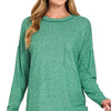 Zenana Soft Melange Hacci Round-Neck Long Sleeve T-Shirt - DK GREEN